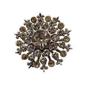 Vintage CORO Silver‎ Tone Clear & Yellow Rhinestone Starburst Layered Brooch Pin